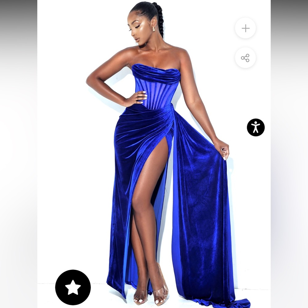 Priya Royal Blue Draping Corset High Slit Velvet Gown